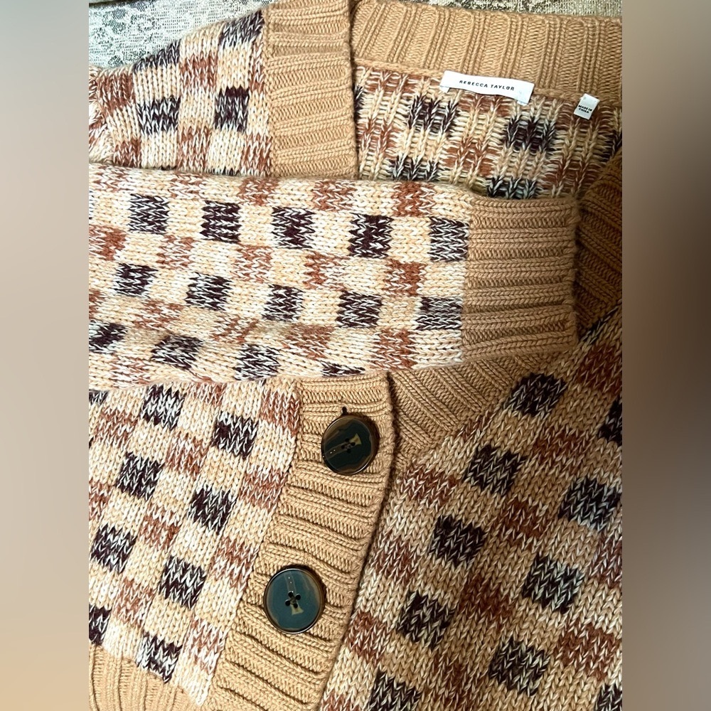 Rebecca Taylor 🥰NWOT Cashmere Wool Sweater Cardigan Jacquard Crop Small Checker - Picture 12 of 16